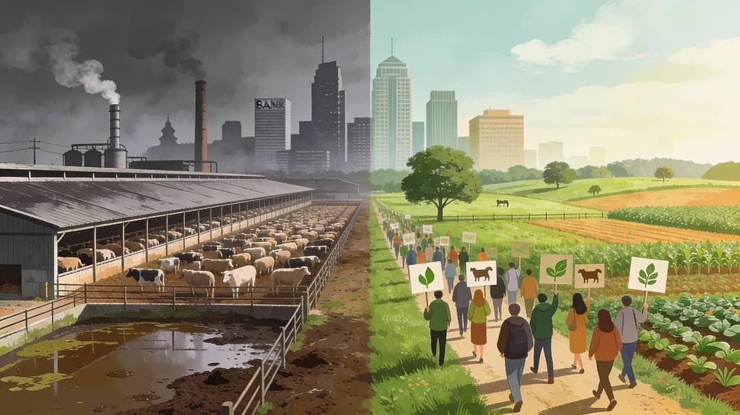 Graphic depicting factory farming with surrounding pollution next to graphic of plant-based agriculture with people's support.