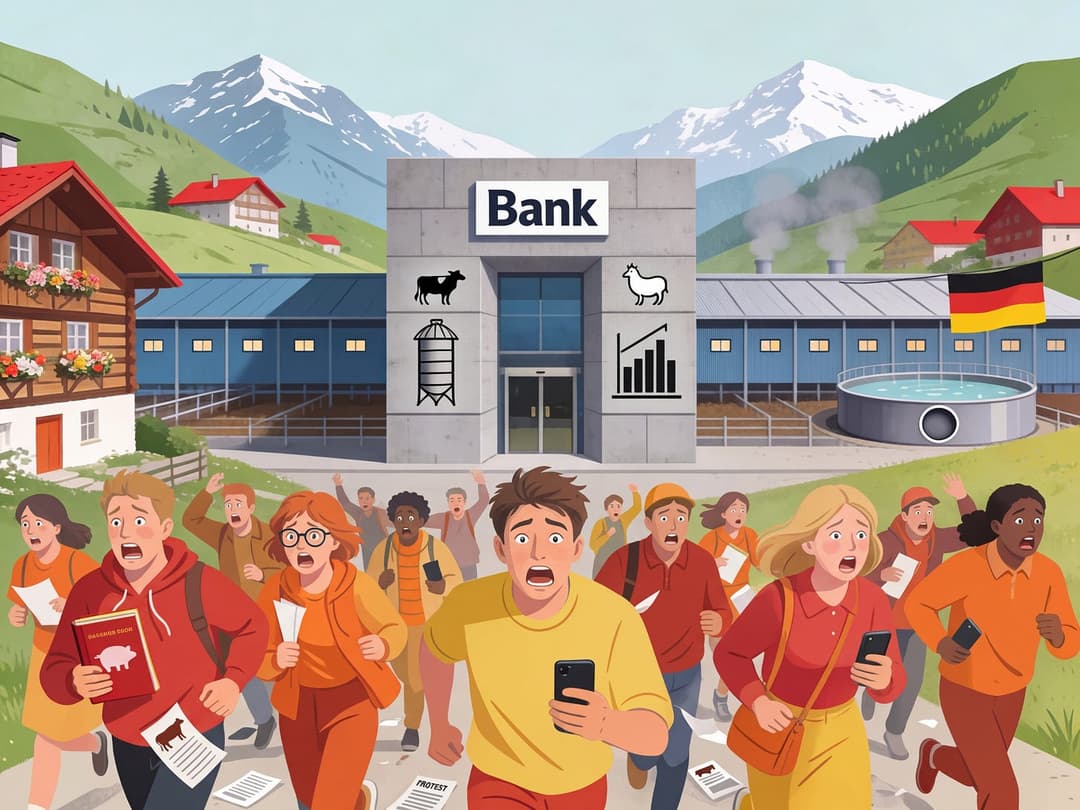Graphic showing people running away from a bank financing factory farming in Germany.